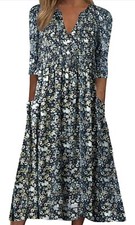 Women's Summer Dress Casual Stripe V Neck Short Sleeves Pocket Long Size M 