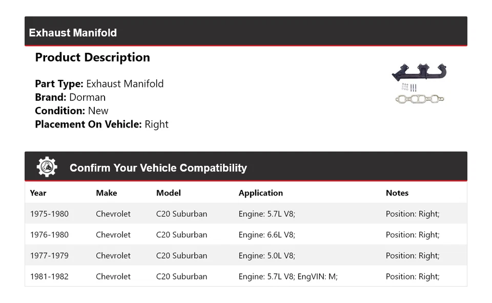 Colector de escape derecho para Chevrolet C20 Suburban Dorman 1975-1982 1976 1977 Foto 2 de 4