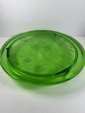 Vintage Uranium Depression Glass Green Jeanette 10" Footed Cake Plate Sunflowers