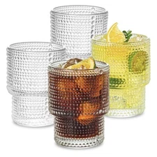4 Glasses Glass Embossed Flowers Cups Drinkware Cocktail Floral Stackable Clear