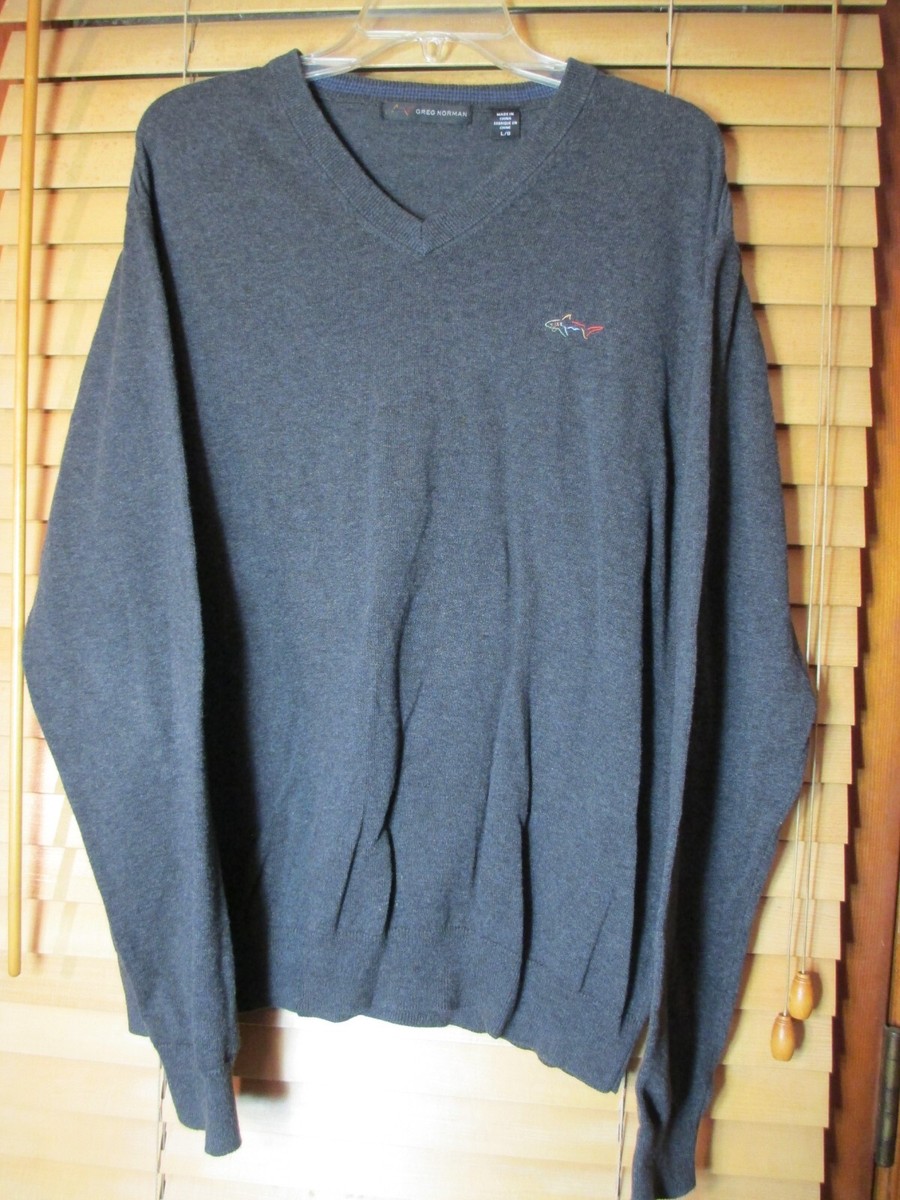 Greg Norman Men's L Gray V-Neck Pullover Knit Sweater Embroidered Shark  Logo EUC