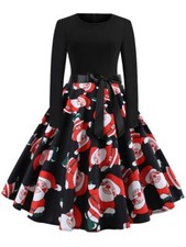 High-end evening dress new Christmas Print Stitching Long Sleeves and Large Dres