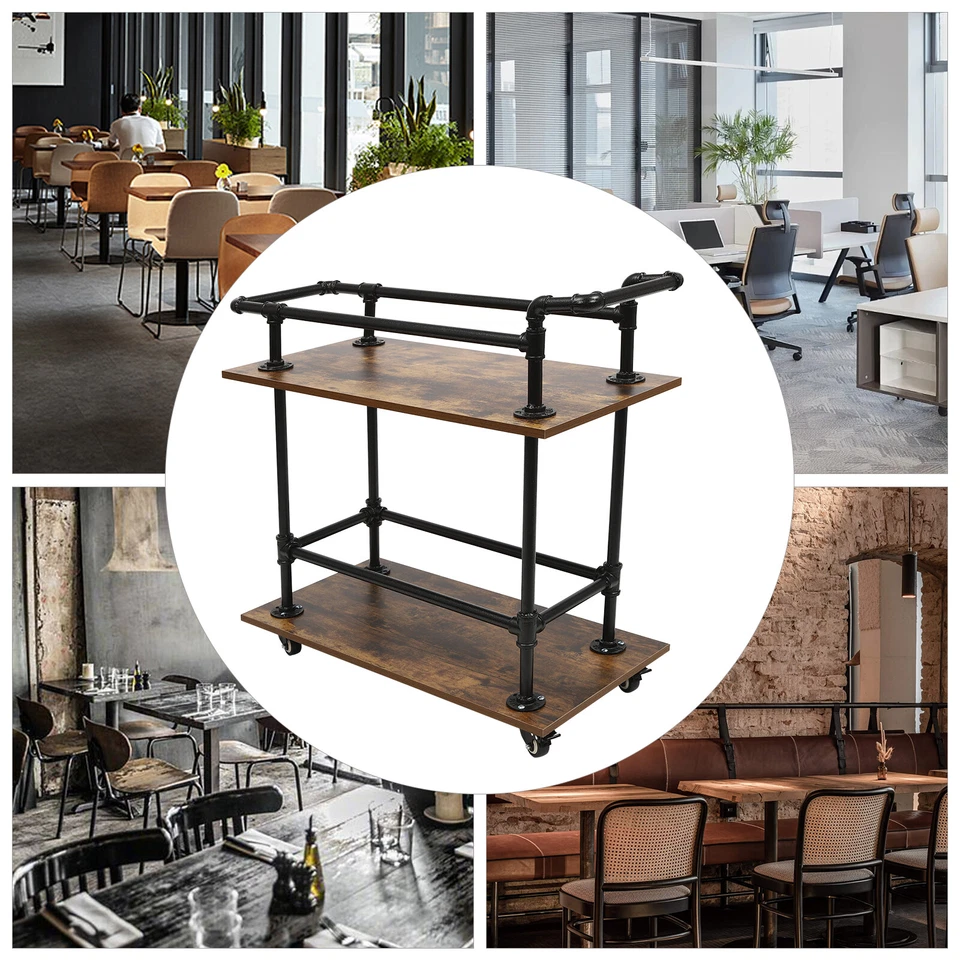 Carro de bar industrial de 2 niveles estante para vino jardín cocina oficina estante de almacenamiento Foto 4 de 4