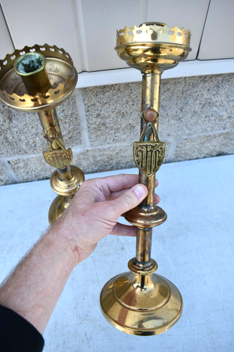 Pair of Nice Older Antique IHS Altar Candlesticks, 16" ht. (CU329) chalice co - Picture 4 of 9