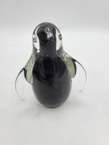 Glows Blue! Murano Style Art Glass Penguin Sommerso Black Figurine Paperweight - Picture 6 of 7