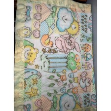 Vtg. Acrylic Baby Blanket Pastel Nursery Animals Satin Trim Made in USA 23x36