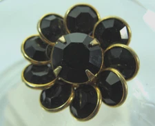 Fancy Vtg Faceted Black Glass Gold Petal Flower Button Metal Shank Prong Set 1"