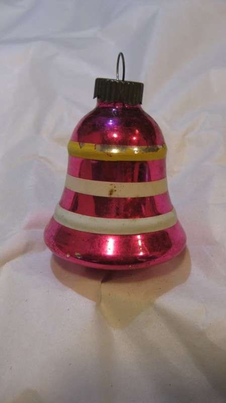 Vintage Christmas Pink Shiny Brite Glass Bell Ornament Stripes War Era