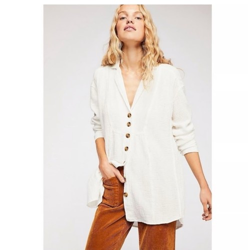 Free People All About The Feels M Gauze Cotton Button Up Top Ivory Boho Peasant