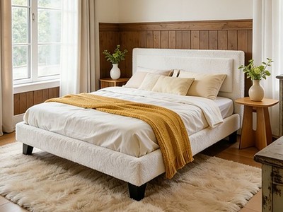 King Bed Frame w/ Headboard,Bed Frame Wooden Slats Support, Easy Assembly,Beige