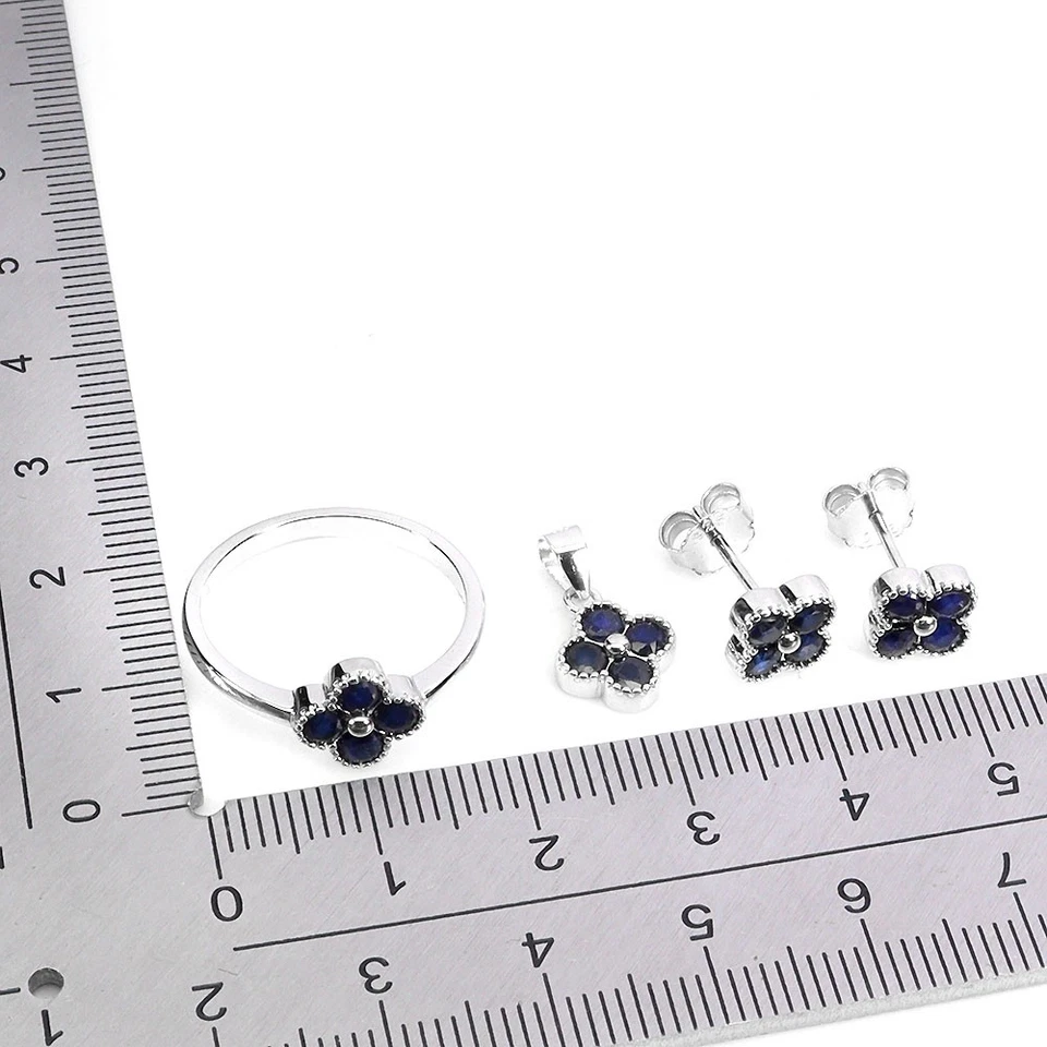 925 Argento Sterling Set Ciondolo Orecchini Anello Tondo Nero Zaffiro Gemma Sz - Immagine 3 di 4