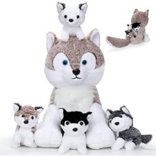 5PCS Wolf Plush Toys - 13.4 Inch Wolf Mom with Little Mini Babies Stuffed Ani...