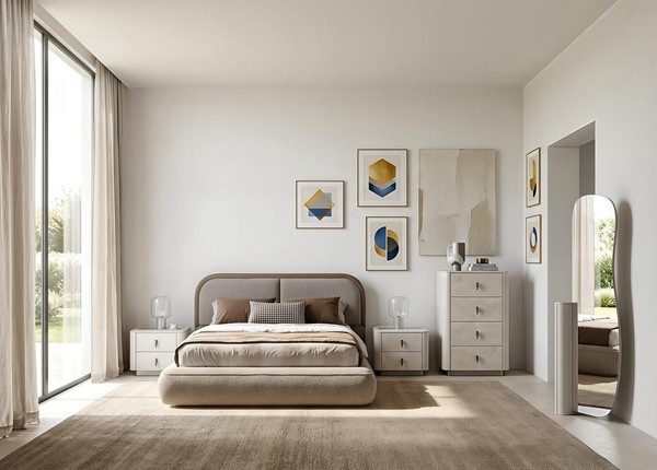 Schlafzimmer Set Bett Nachttisch Kommode Beige Luxus Modern Design-image