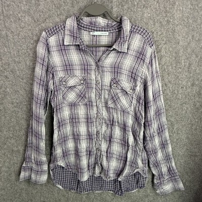 Maurices Women's Purple Gray Plaid Button-Down Roll-Tab Sleeve Shirt Top Size L