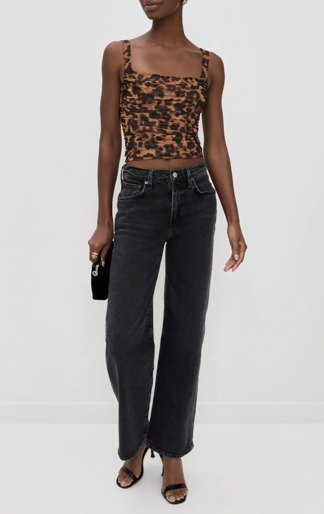 $225 NWT L'Agence Brown Black Amur Leopard Rasha Shirred Cropped Tank Top sz XS