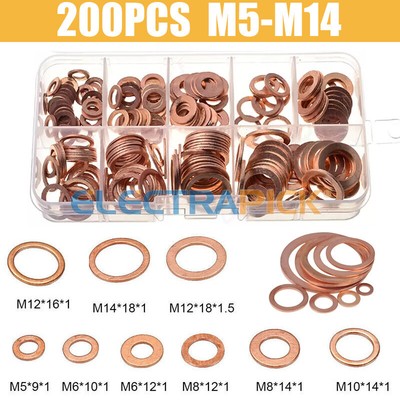 200PCS Solid Copper Crush Washer Gasket Set Flat O-Ring Seal Assortment Kits US