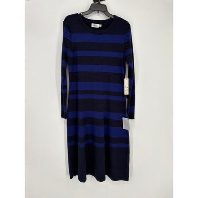 NWT Eliza J Sweater Dress Women Large Navy Blue Striped Long Sleeve Crew Neck