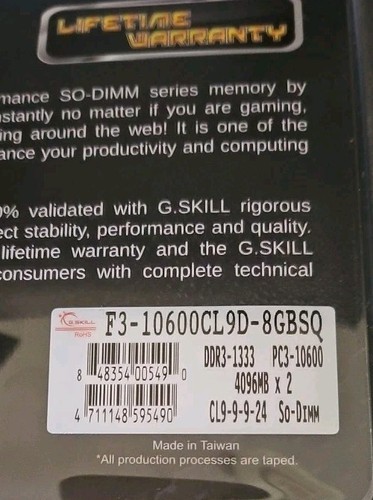 G.SKILL F3-10600CL9D-8GBSQ 8GB Memory Kit - 2 x 4GB DDR3-1333 SO-DIMM RAM - Picture 4 of 8