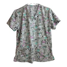 Divine Stretch by JDM Scrub Top Size L Has Pockets Gray With Dog Pattern A26