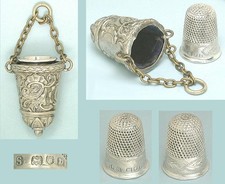 Antique Silver Chatelaine Thimble Holder & Thimble * English * Circa 1890s