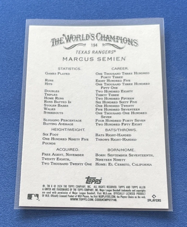 2024 Topps Allen & Ginter X #194 Marcus Semien Texas Rangers - Image 2 of 2