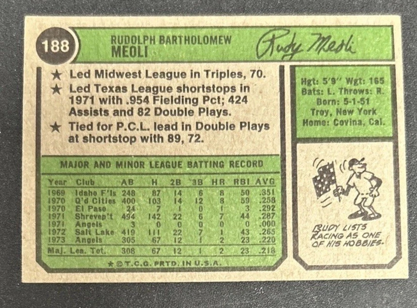 1974 Topps Rudy Meoli Rookie Card RC #188 Angels Poor Wax Stain Bad Corners O/C - Image 3 of 3