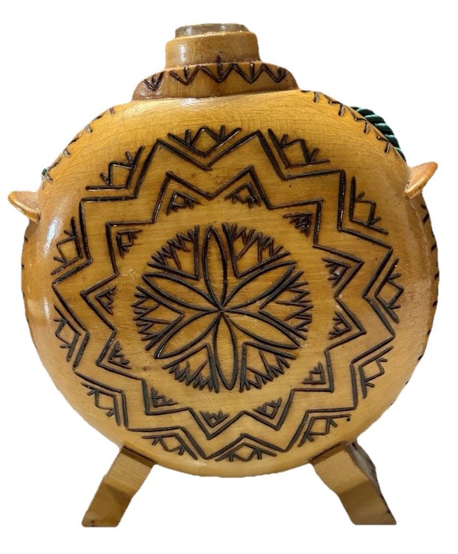 Vintage Romanian Wooden Canteen w/ Glass Bottle Insert Folk Art Flask