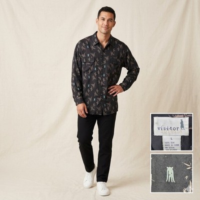 Mens Button Down L 100% Silk Vintage Style Bamboo Resort Eclectic Art Hoe
