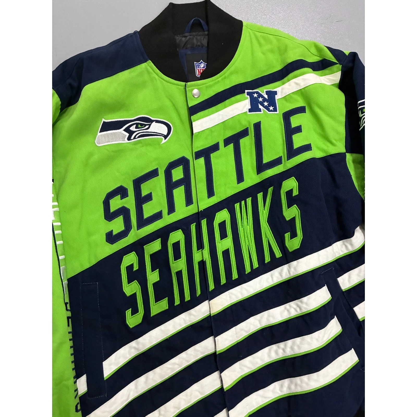 NFL Seattle Seahawks Varsity Jacket Mens Medium Navy Lime Green Cotton Twill - product detail image 3