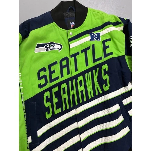 NFL Seattle Seahawks Varsity Jacket Mens Medium Navy Lime Green Cotton Twill image 3
