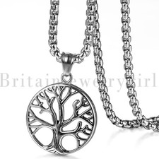 22" Polish Stainless Steel Tree of Life Round Tag Pendant Necklace for Men Women