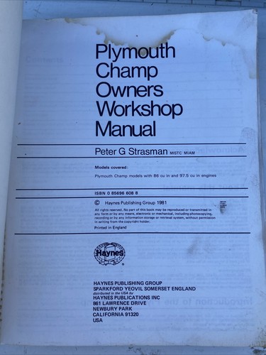 PLYMOUTH CHAMP All Models 1978-1980 1.4 & 1.6 liter Haynes Repair Manual 608 - Picture 4 of 6