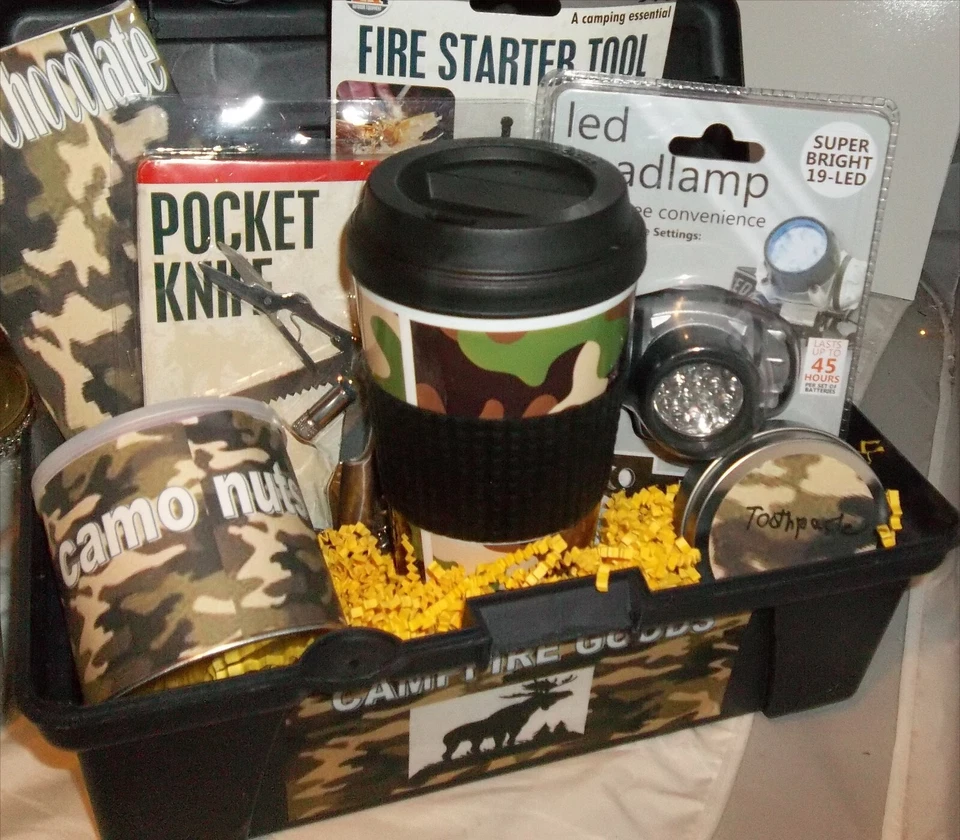 Mens Lodge Hunters Gift Basket Cabin Camouflaged Gift Mug Coffee Nuts Headlamp - Image 2 of 3