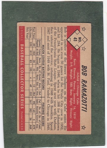 *1953 BOWMAN B/N #41 BOB RAMAZOTTI,CUBS bellezza - Foto 2 di 2