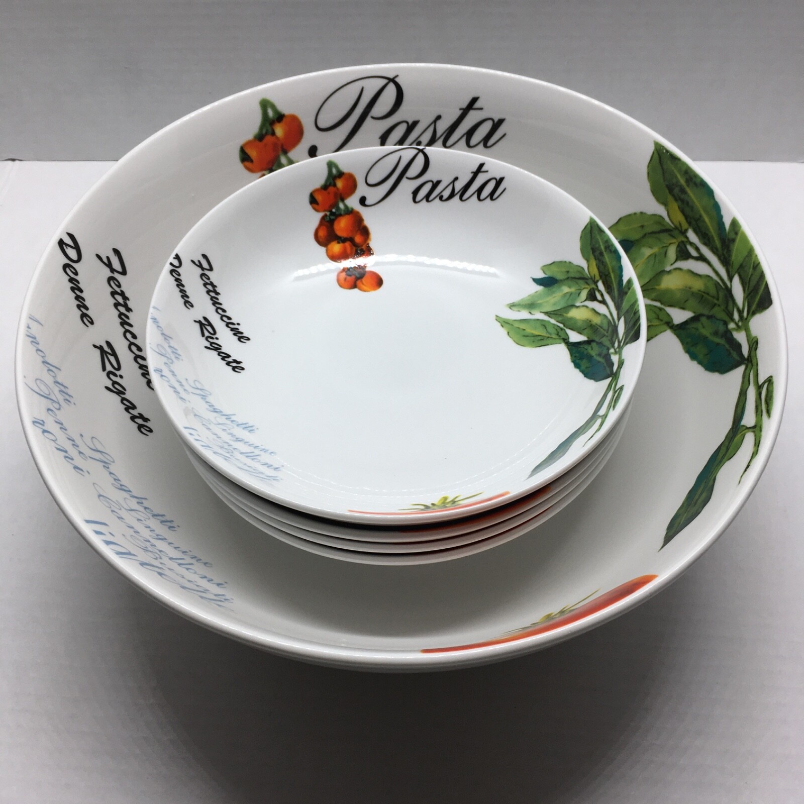 Hampton Home Pasta Serving Bowl & Individual Bowls (4) Tomatoes and Basil