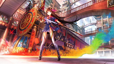 Anime girls sword katana women fantasy city art girl Play Gaming Mat Desk