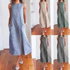 UK Womens Striped Summer Cotton Linen Long Dress Ladies Kaftan Casual Maxi Dress
