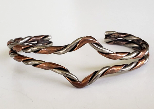 Vintage Twist Braid Copper Silver Chevron Center Adjustable Cuff Bracelet 5-1/2" - Picture 4 of 6