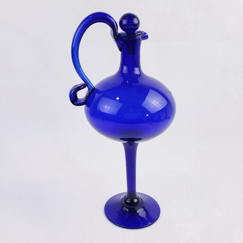 Vintage Cobalt Blue Blown Glass Bubble Ewer Footed Apothecary Decanter w Handle