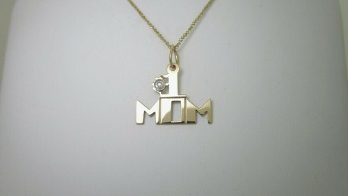 Mom Diamond Necklace Natural #1 Mom 14K Solid Gold Mothers Pendant 18" N283