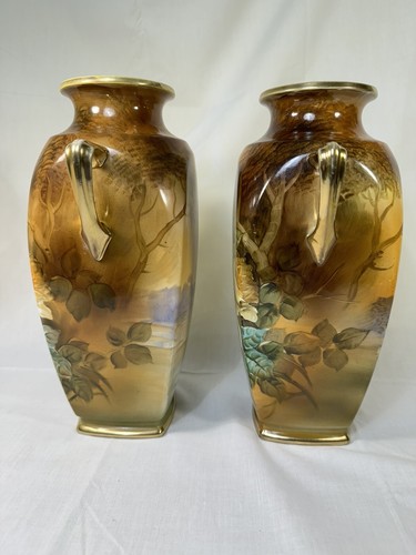 Pair of Nippon Leaf Mark Hand Painted 11.25 Inch VASE w/Large Roses in Landscape - Picture 4 of 15