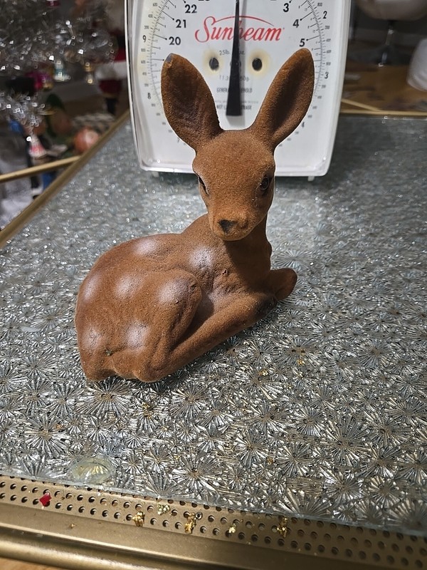 Vintage Flocked Spotted Deer Doe Fawn Figure Brown Plastic Eyes SC Hong Kong