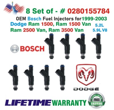 NEW OEM Bosch set of 8 Fuel Injectors 1999-2003 Dodge Ram 5.2L 5.9L #0280155784