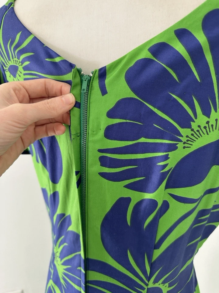 Maxi Vestido Floral Hawaiano Verde Y Azul Gran Escala Años 60 De Colección Foto 3 de 4