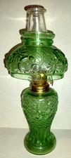 Green Glass Oil Lamp Floral Embossed Medium S...