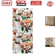 Retro Magnolia Flowers Window Privacy Film,Stained Glass Decals Colorful Flor...