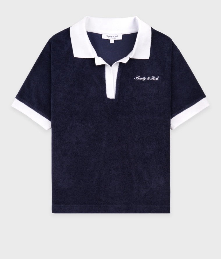 Sporty & Rich Signature Logo Terry Polo Navy/white Size Small STAINED 🪄