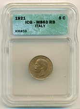 Italy Vittorio Emanuele III 1921 5 Centesimi MS63 RB ICG