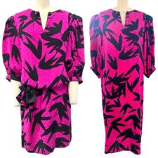 VTG 80s 100 Silk Flora Kung Dress Sz 8 M HotPink Fushia Black Floral Leaf Print