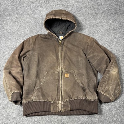 Carhartt Jacket Mens XLT Brown Duck Canvas Hooded Distressed J130 Y2k Fader